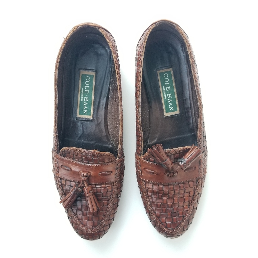 Cole Haan Basket Weave Woven Kiltie Tassel Leather Flat Loafers Brown Italy 8 B - Picture 9 of 15